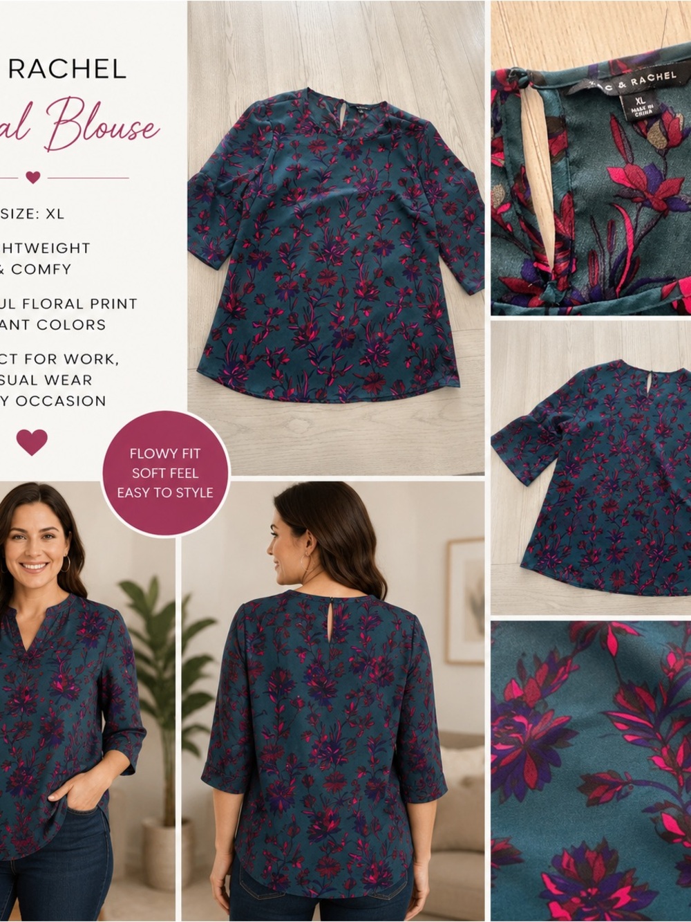 Rachel Teal Floral Keyhole Blouse with Pink Accents